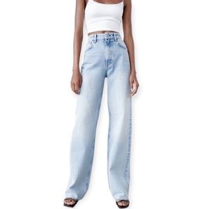 Zara Light Washed High Rise Wide Leg Full Length Denim Jeans Distressed Hem 4